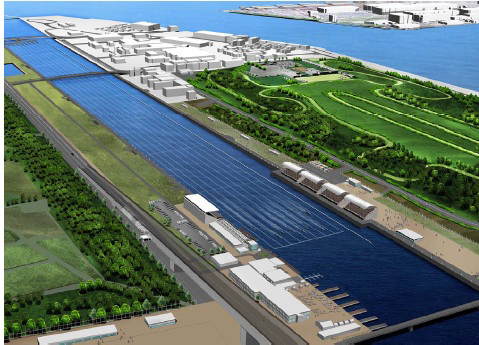 Artists impression on the Sea Forest waterway, site of the Olympic rowing venue for Tokyo 2020