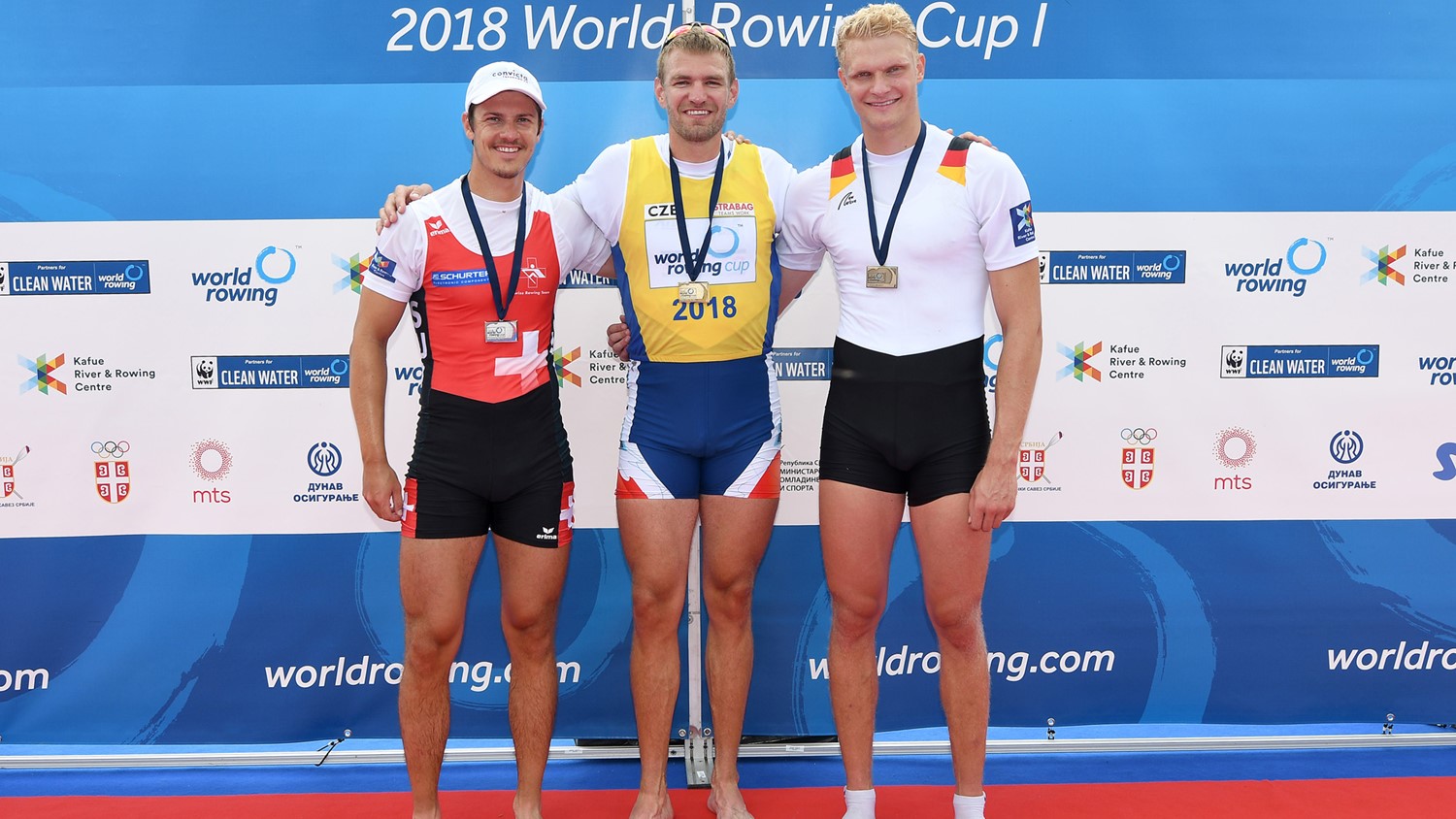 Ondrej Synek, gold, Czech Republic, Roman Roeoesli, silver, Switzerland, Oliver Zeidler, bronze, Germany, Men's Single Sculls, 2018 World Rowing Cup I, Belgrade, Serbia