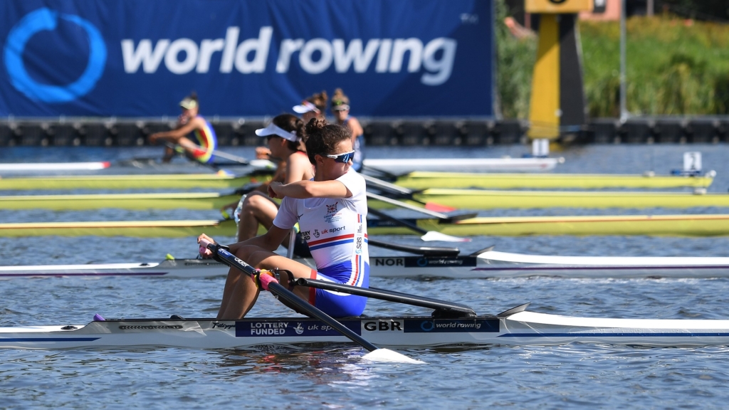 Imogen Grant sculling in her heat at the World Rowing U23 Championships in Poznan, Poland