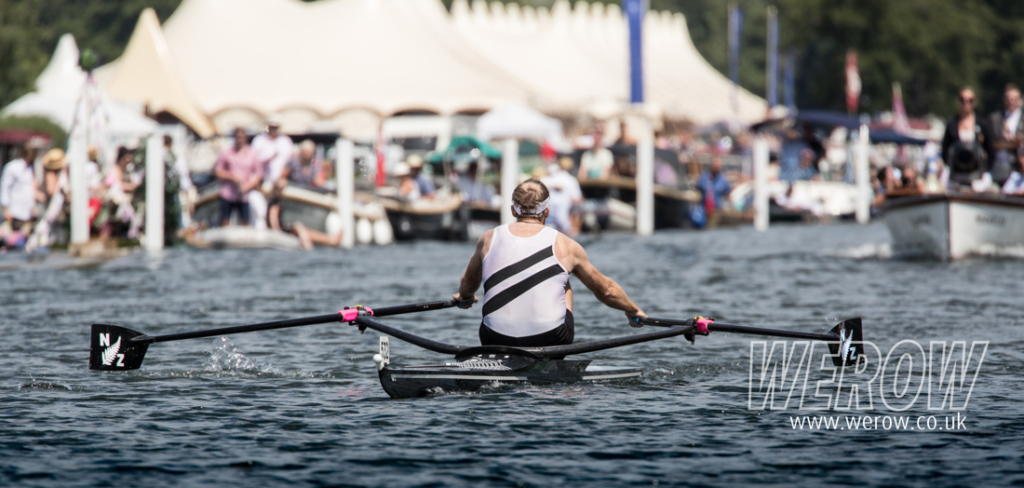 Mahe Drysdale crossing the line at the end of the Diamond Challenge Sculls at Henley Royal Regatta 2018