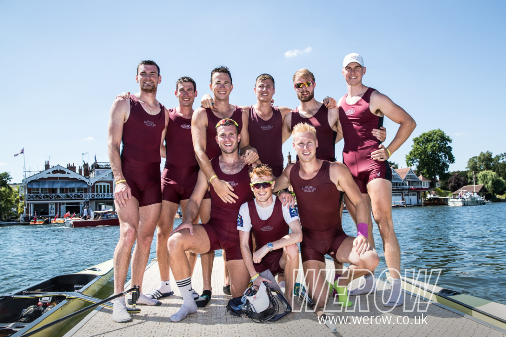 The winning Oxford Brookes crew after beating their team mates in the final of the Ladies Plate at Henley Royal Regatta 2018
