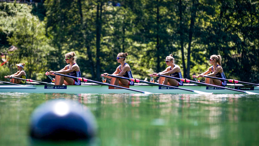 The Great Britain lightweight women's quad LW4x on the start at World Rowing Cup III Lucerne