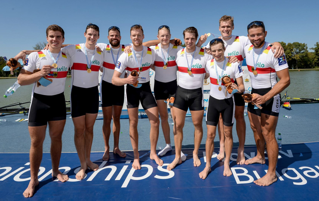 Max Planer and the German mens eight with their medals at the World Rowing Championships in Plovdiv, Bulgaria