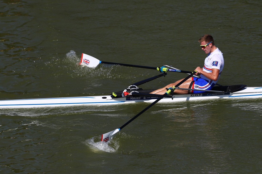 Harry Leask sculling in the final of the World Rowing Championships 2018 in Plovdiv, Bulgaria