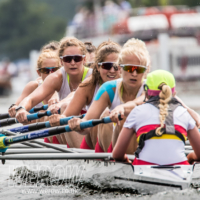Bethan Walters racing with the Tideway Scullers School rowing club womens eight at Henley Royal Regatta in 2018