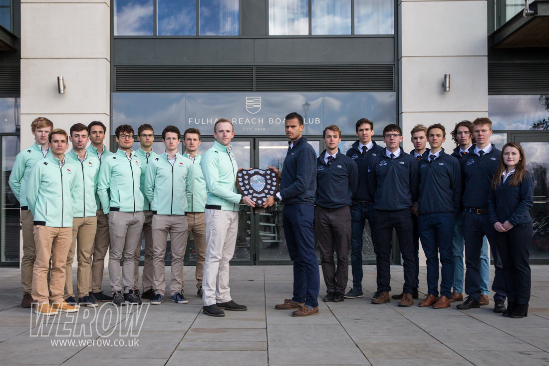 The Oxford and Cambridge lightweight mens crews at the Boat Race challenge